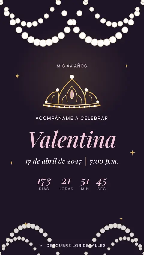 Invitación digital invitación de xv años rosa y dorado: diseño Tiara en Medianoche